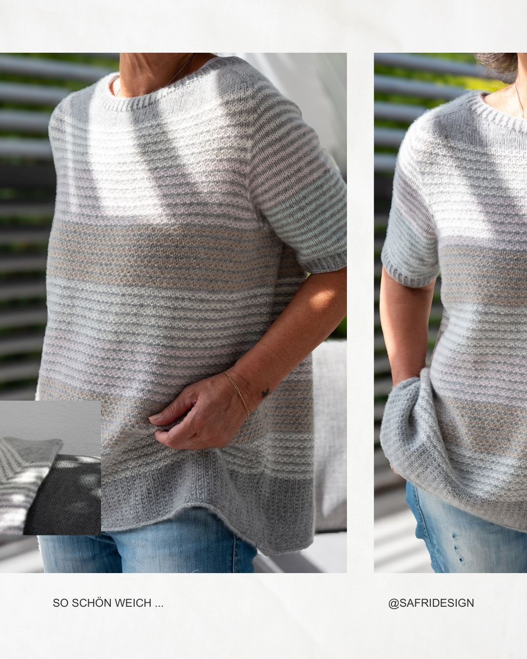 Getragenes MALVA Shirt mit kurzen Ärmeln, lockerem Schnitt und unterschiedlich farbigen Streifen