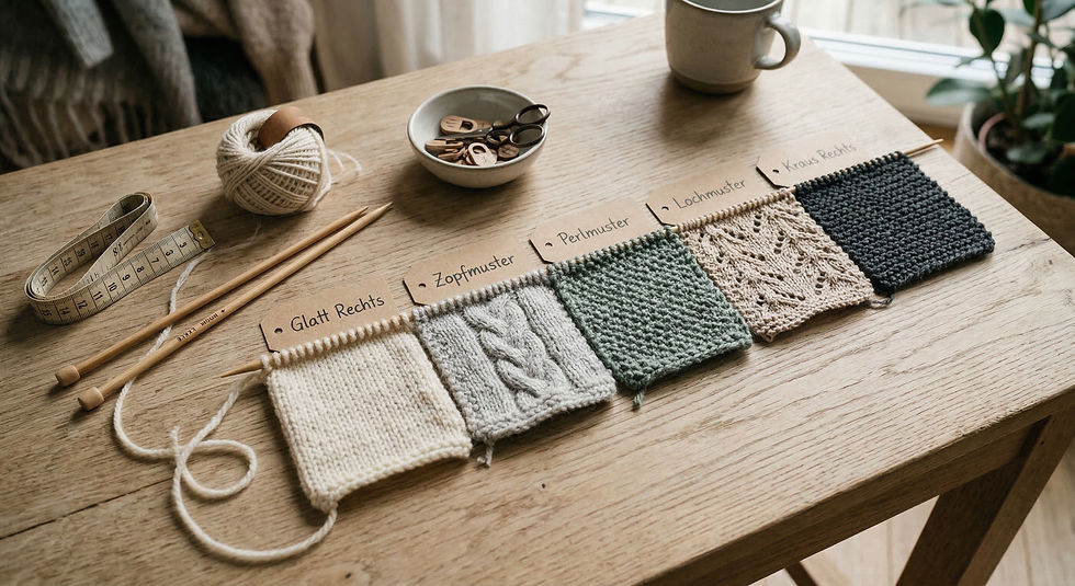 unterschiedliche Maschenproben liegen auf einem Tisch.