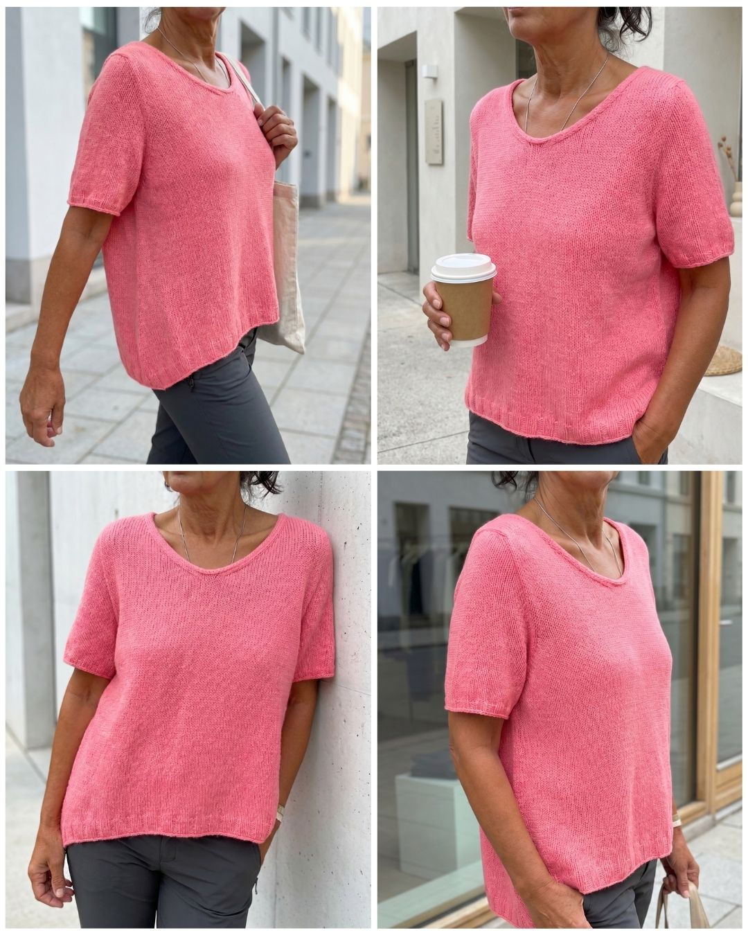 Collage mit vier Tragebildern des Coco Shirts in Pink, locker kombiniert mit grauer Hose
