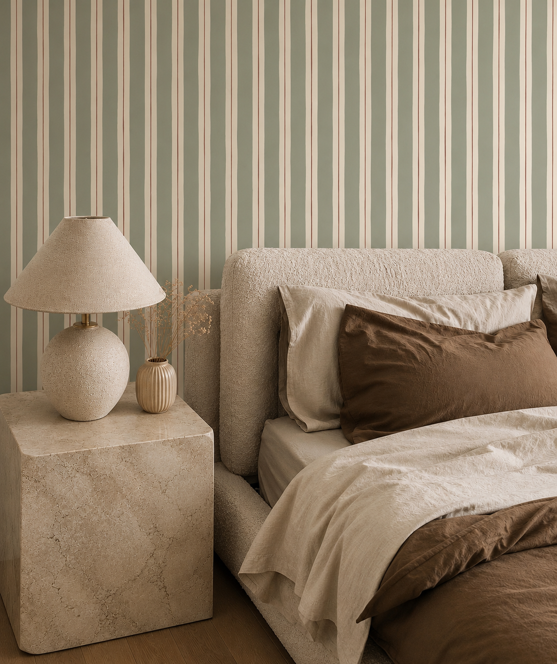 Muted striped wallpaper in modern bedroom by Shades Amore