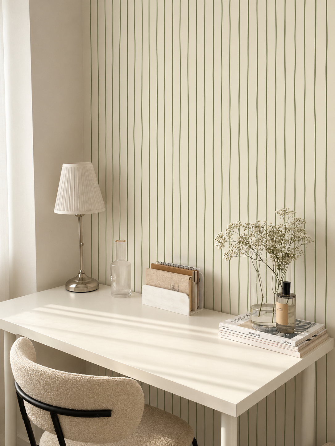 Sage green and cream striped wallpaper in modern study by Shades Amore