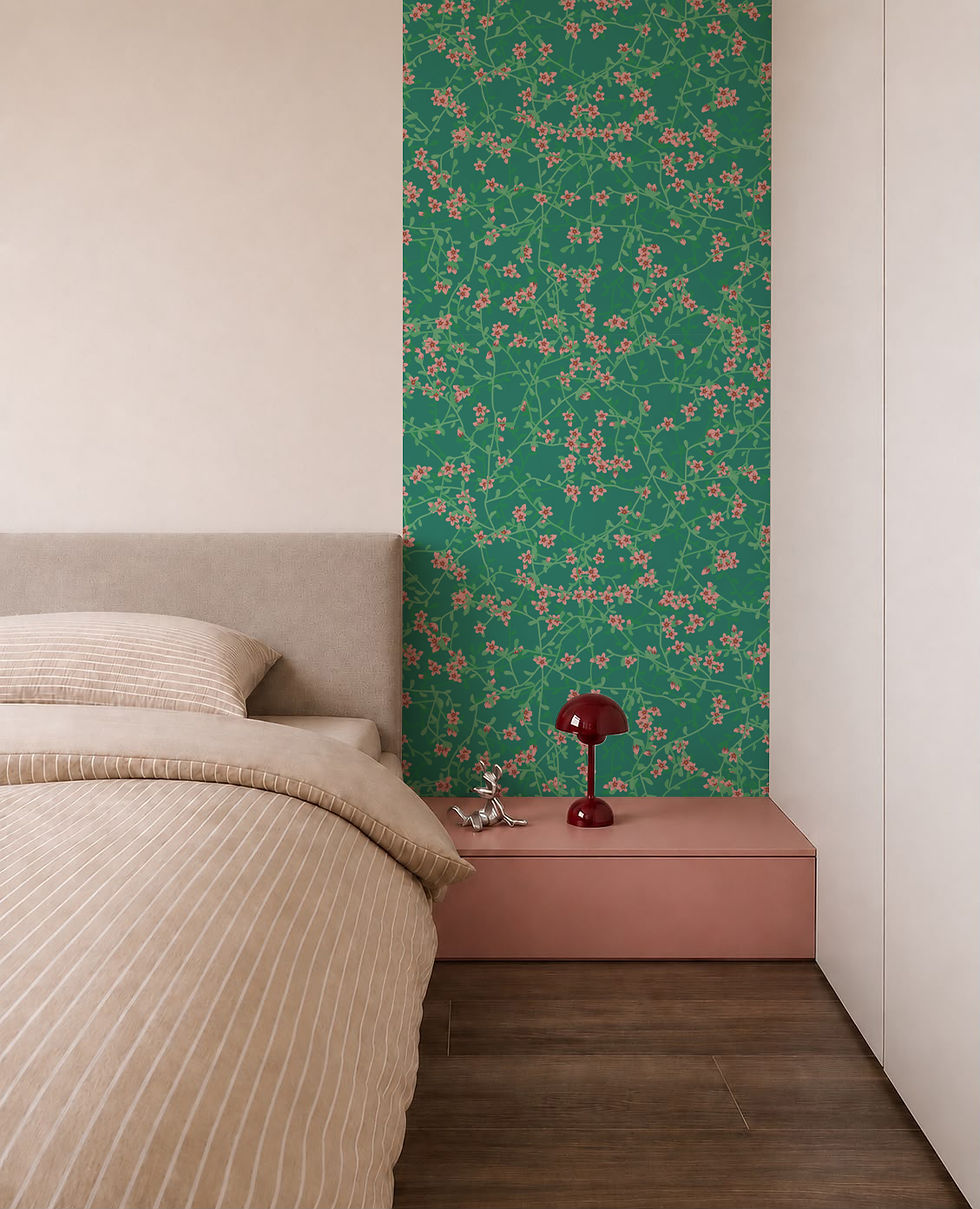 Emerald green floral wallpaper in modern bedroom by Shades Amore