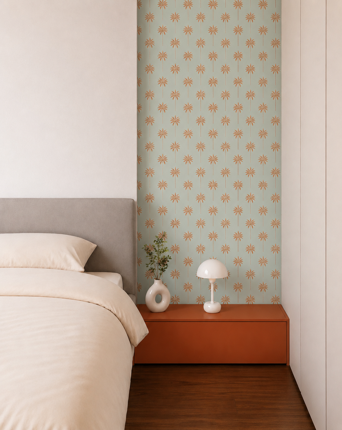 Sea blue and orange floral wallpaper in modern bedroom by Shades Amore