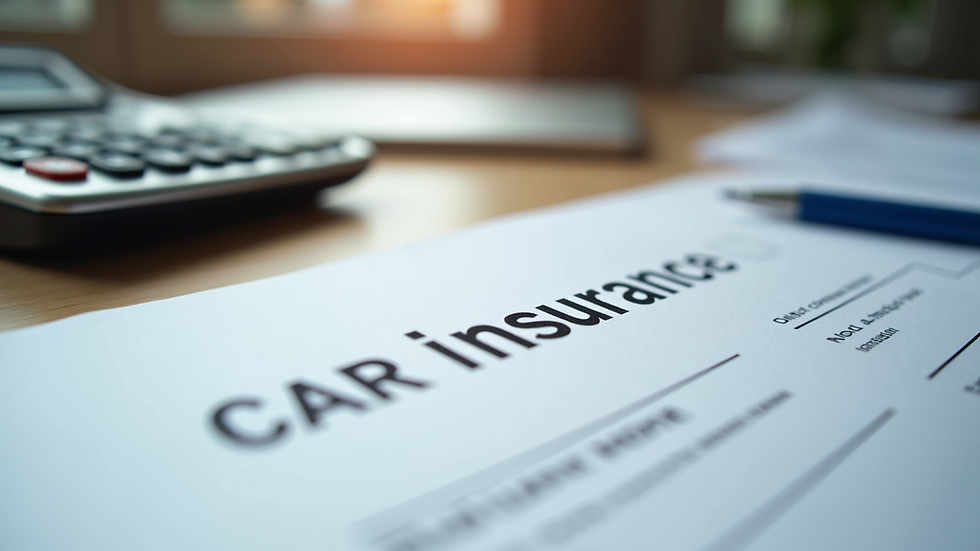 Close-up view of a car insurance policy document and calculator on a desk