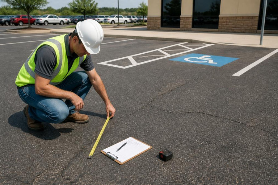 Professional asphalt contractor measuring cracks and assessing surface compliance in a commercial parking lot, with measuring tools and documentation visible