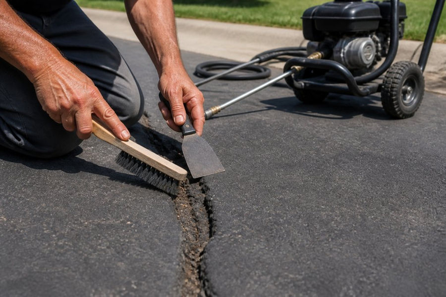 Hands holding a wire brush and putty knife to repair asphalt driveway cracks on a sunny afternoon