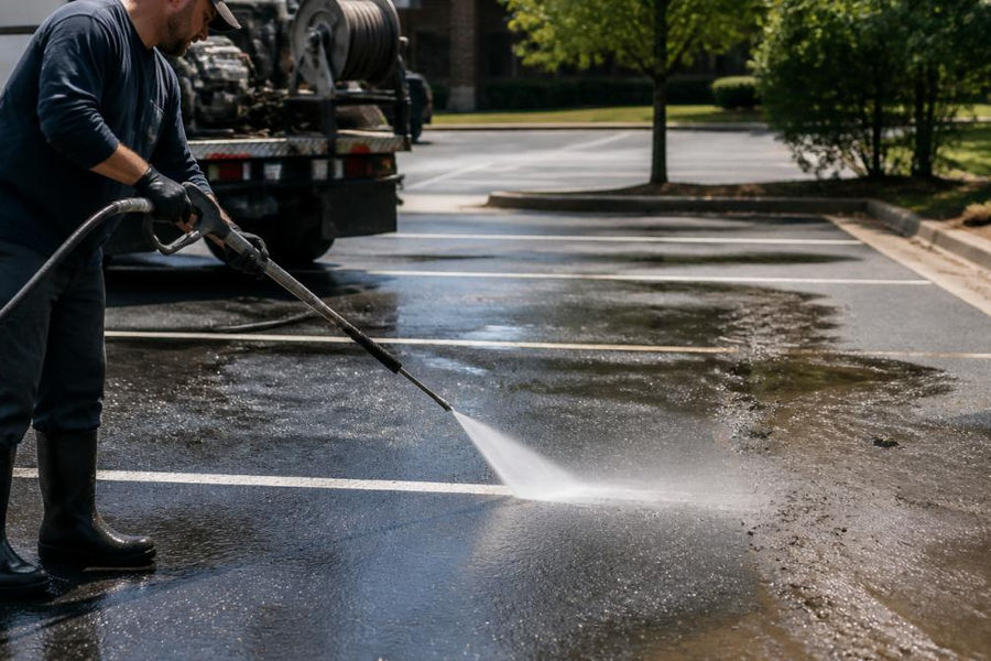 Professional pressure washing equipment spraying water across asphalt parking lot surface, removing dirt, oil stains, and debris from pavement, with water and dirt flowing across the lot