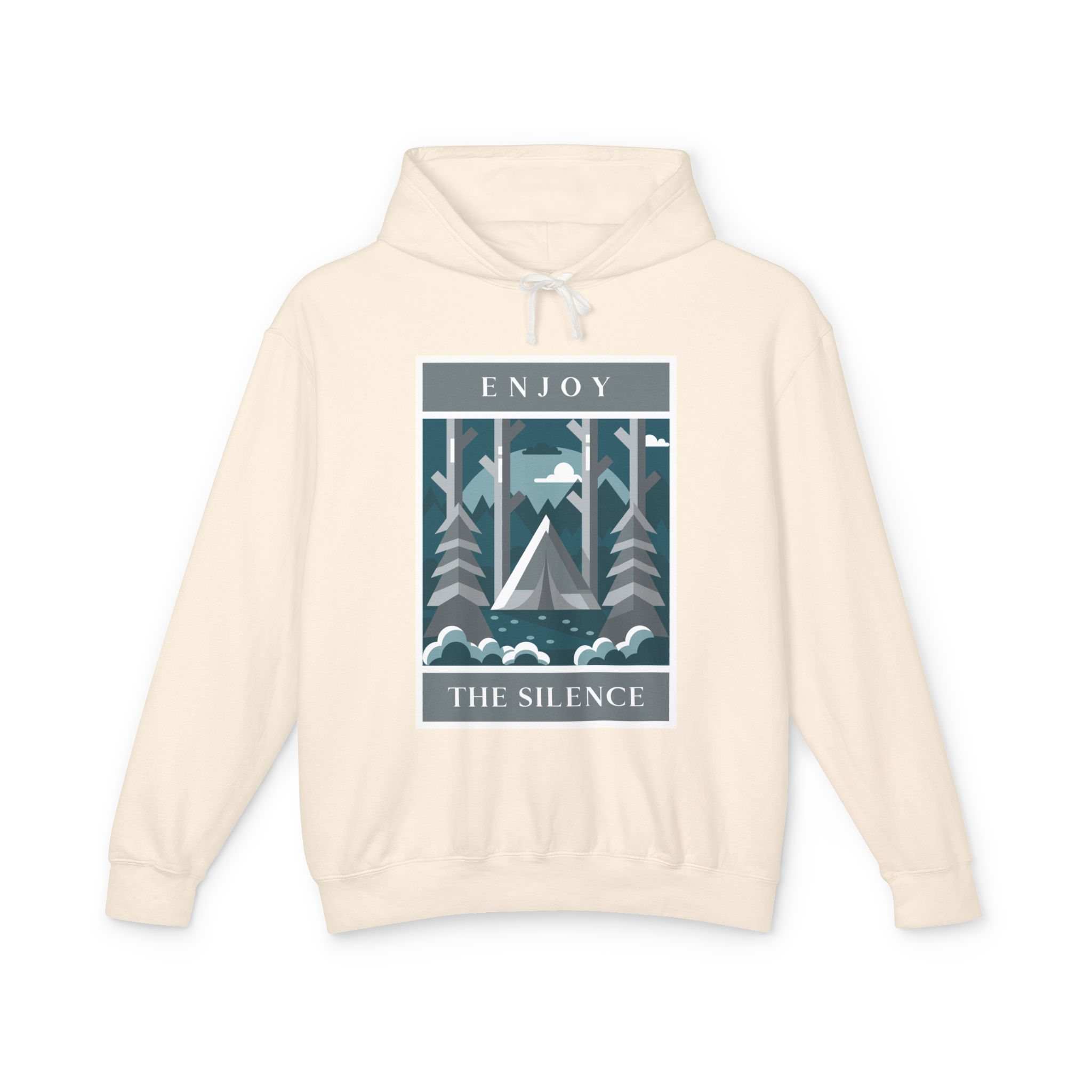 Enjoy the Silence Camping Hoodie — Minimalist Forest Tent Graphic
