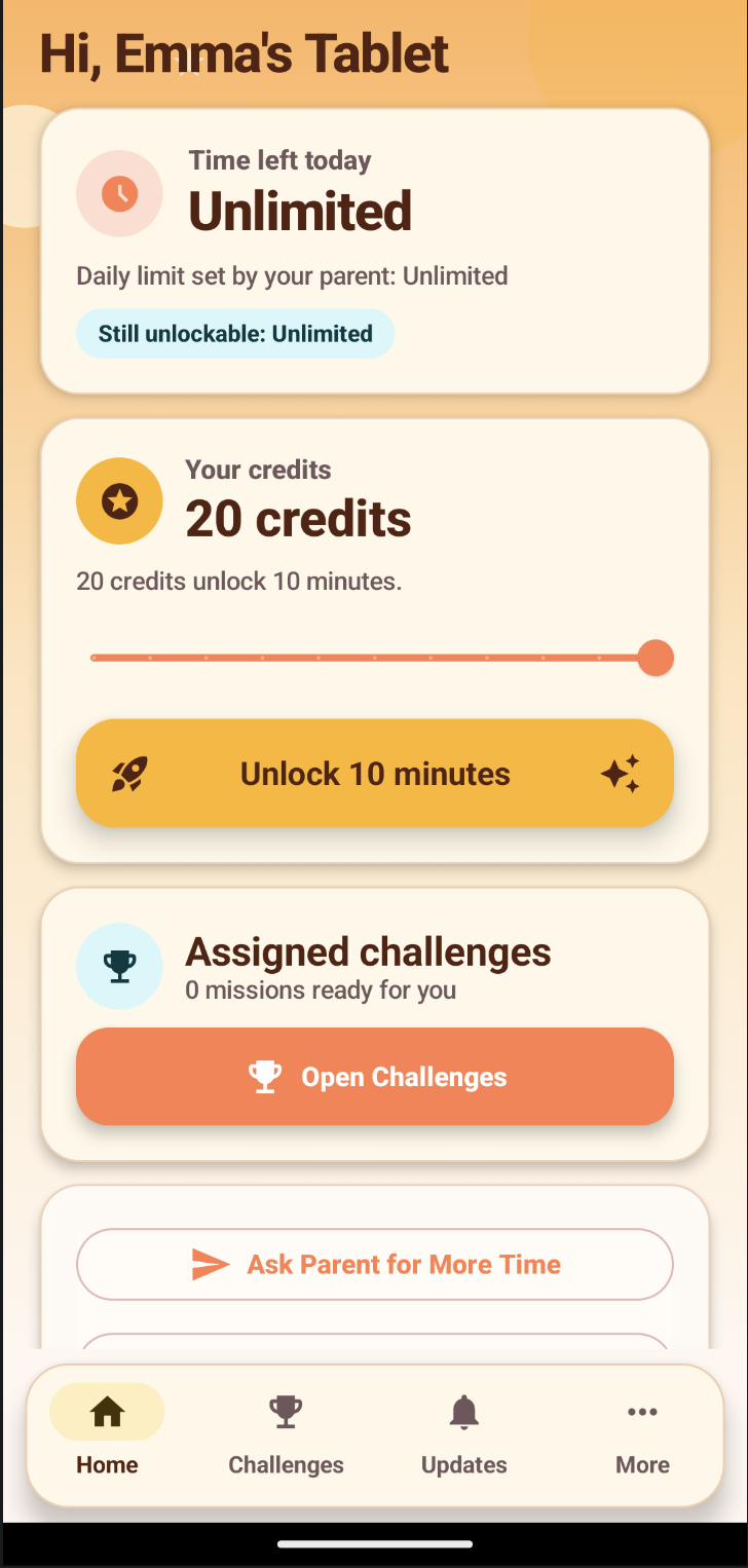 ChallengeTime child app home screen showing credits and available activities