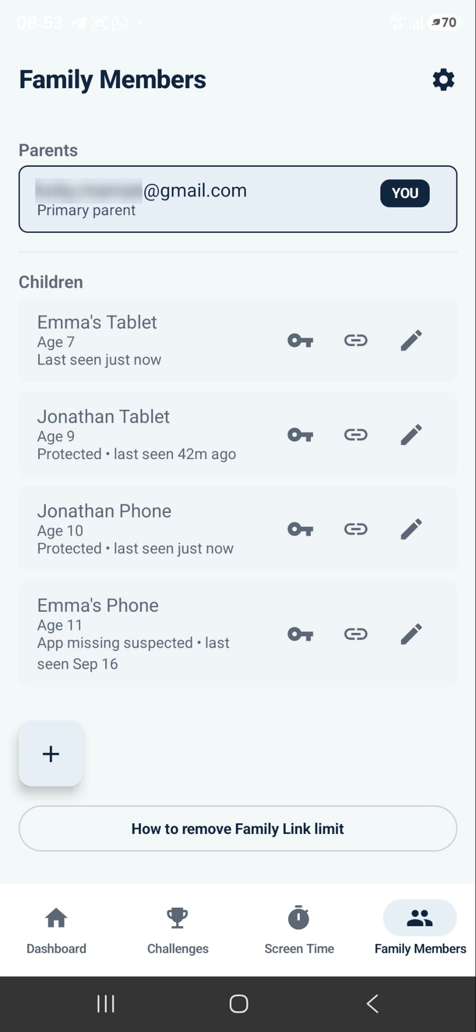 ChallengeTime parent app showing parent and child family member management