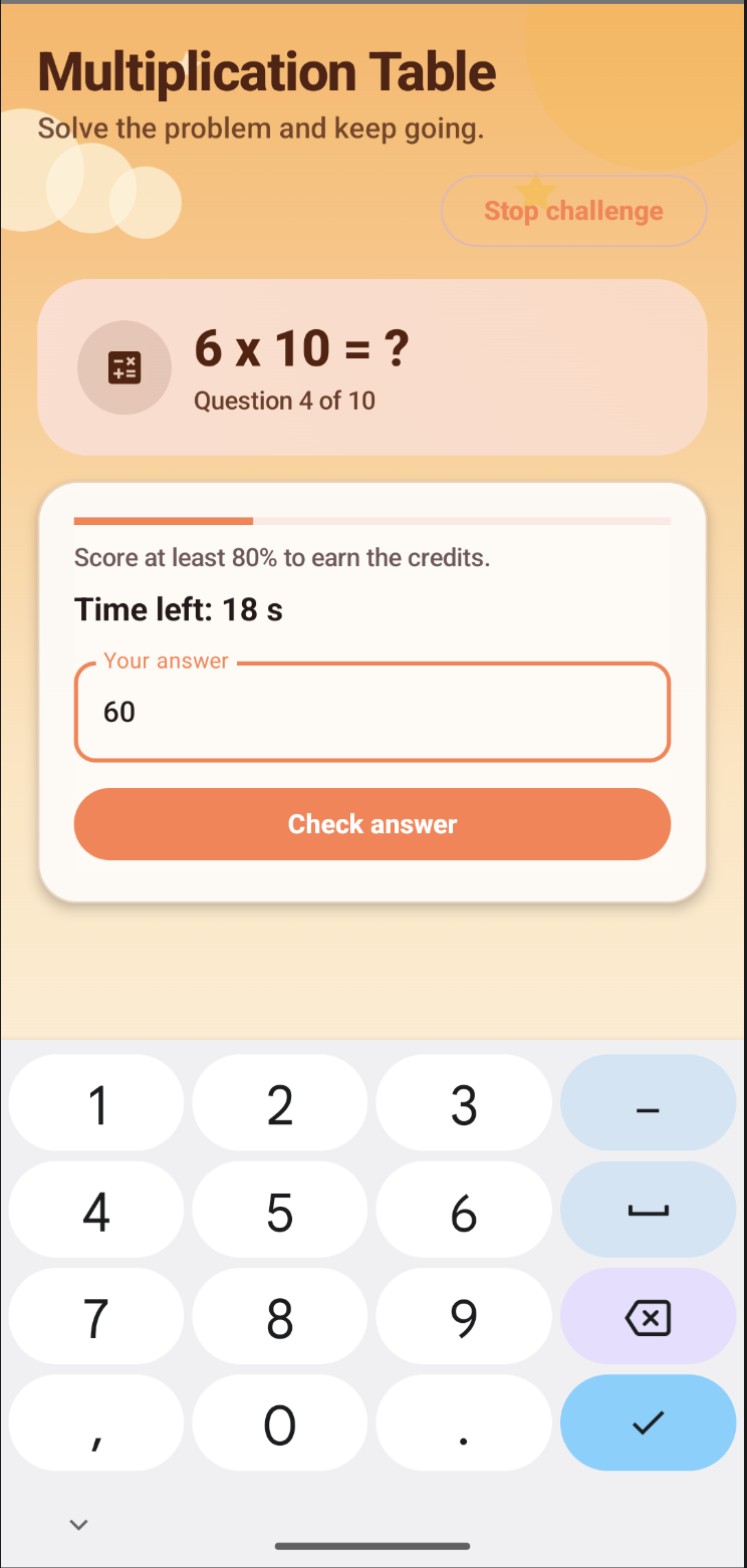 ChallengeTime child app showing an active multiplication challenge