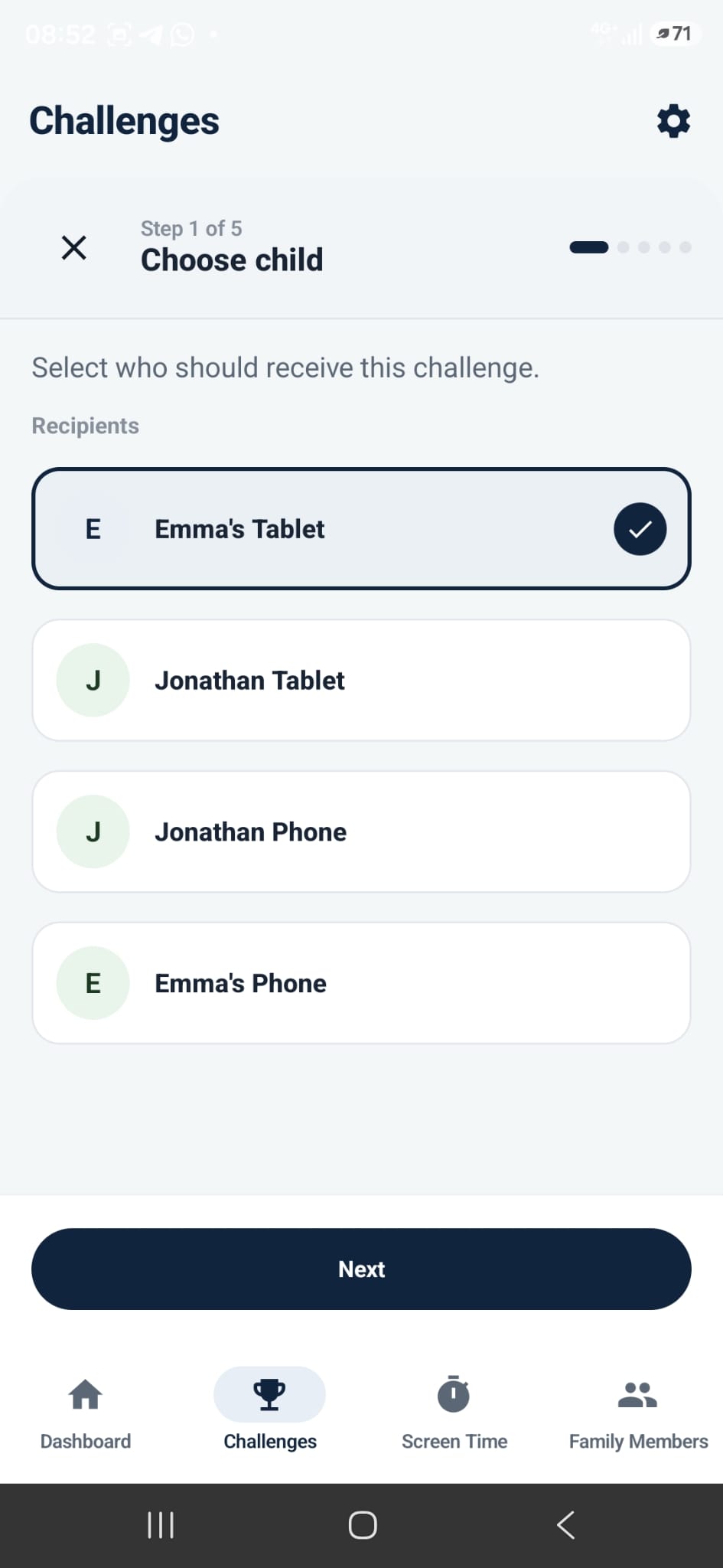 ChallengeTime parent app showing child selection for a new challenge