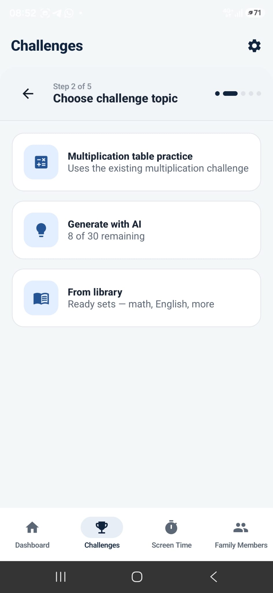 ChallengeTime parent app showing template, AI, and library challenge options