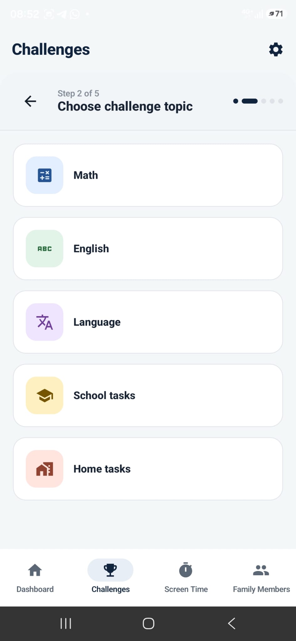 ChallengeTime parent app showing learning and household challenge topics