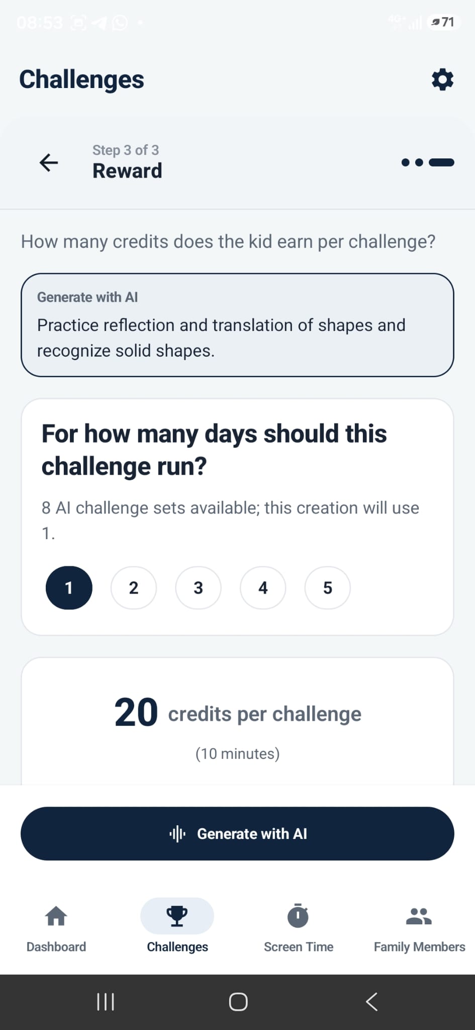 ChallengeTime parent app showing challenge duration and credit reward controls