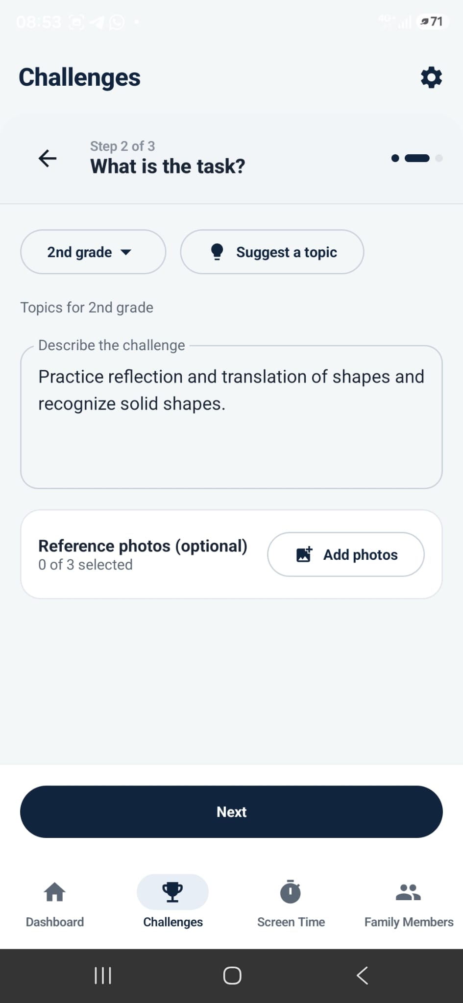 ChallengeTime parent app showing the AI challenge task description step