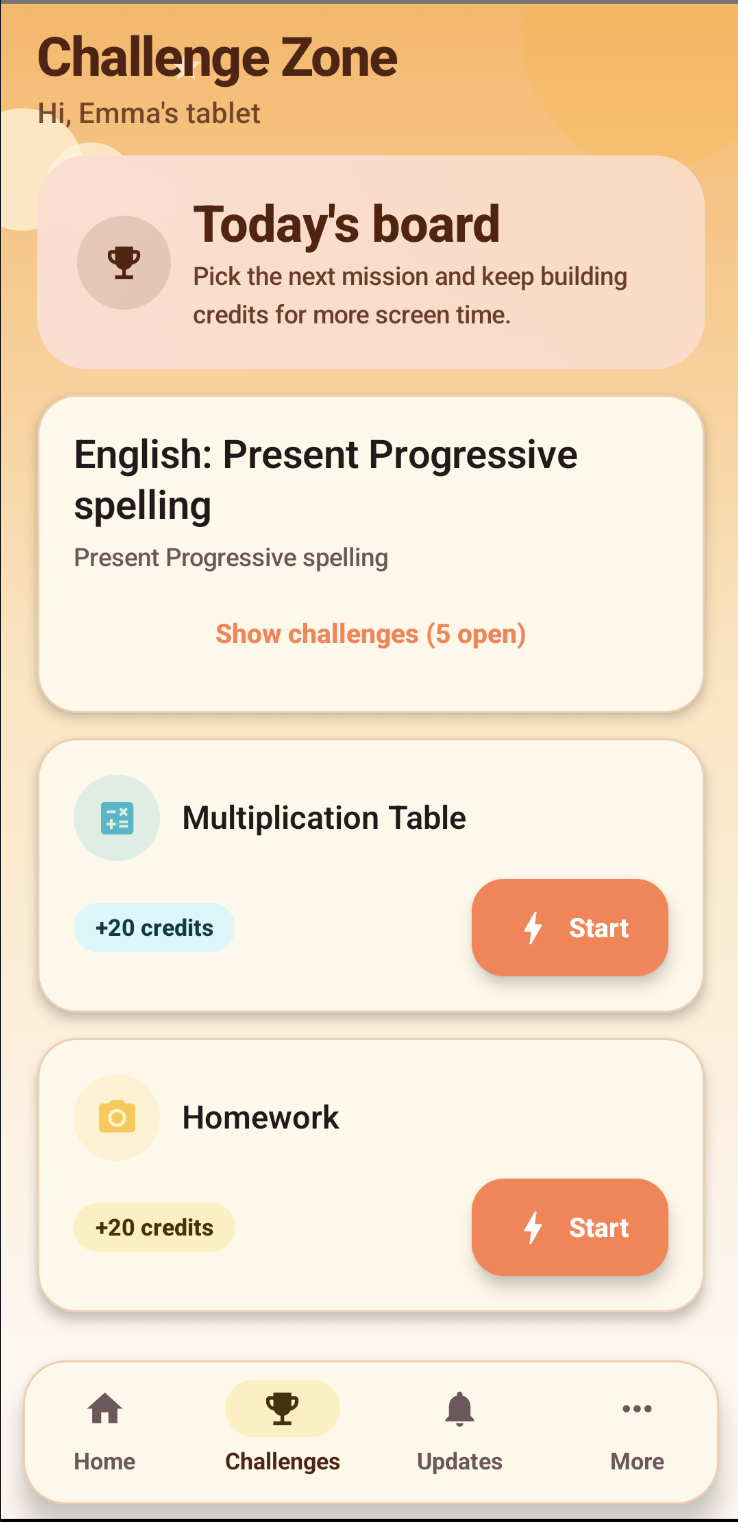 ChallengeTime child app challenge zone showing available learning missions