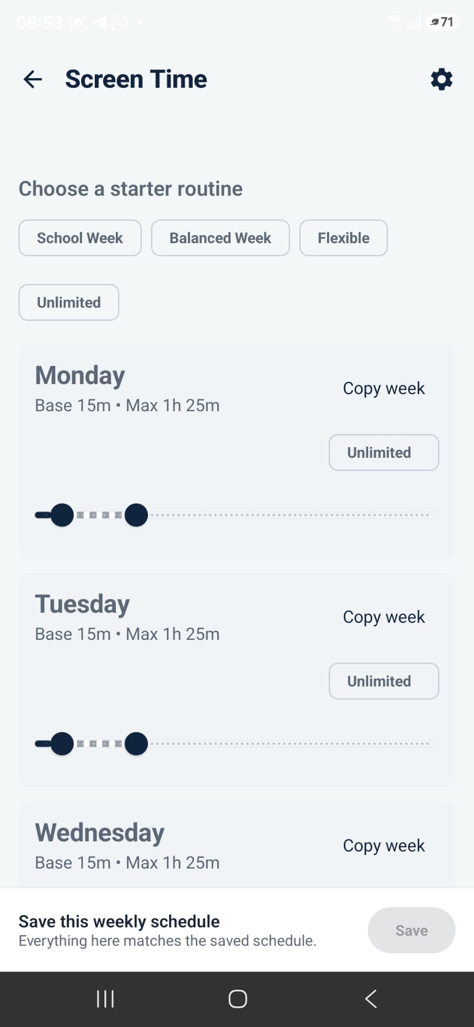 ChallengeTime parent app showing daily screen-time schedule controls