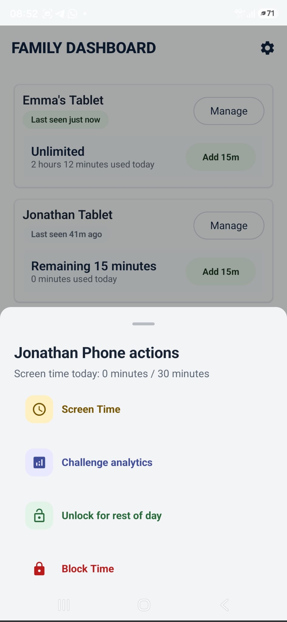 ChallengeTime parent app dashboard showing child controls and quick actions