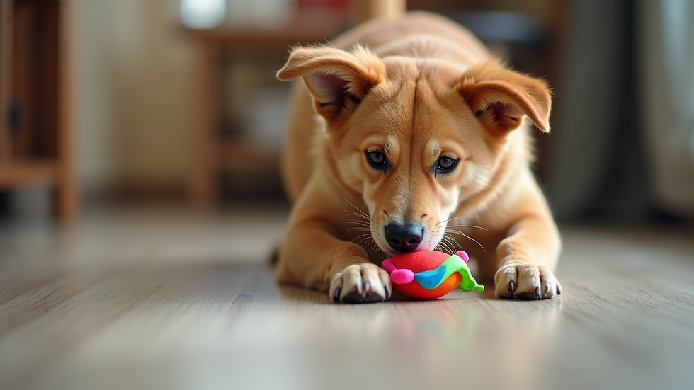 Close-up view of a dog playing with a colorful interactive toy
