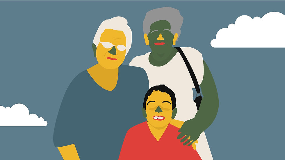 Ilustração de duas avós, materna e paterna, com criança sorrindo juntos sob céu azul com nuvens brancas.
