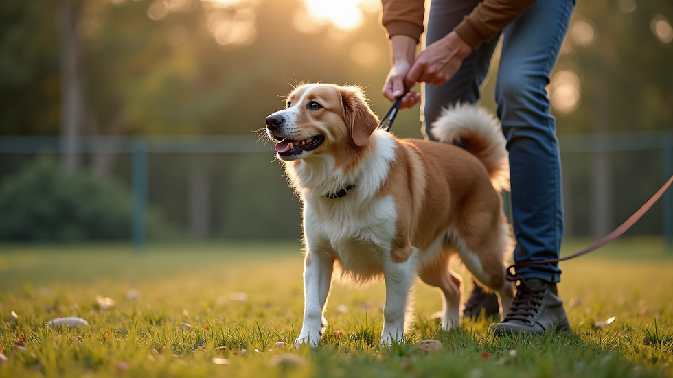 Close-up view of a dog trainer working with a dog in a secure play area
