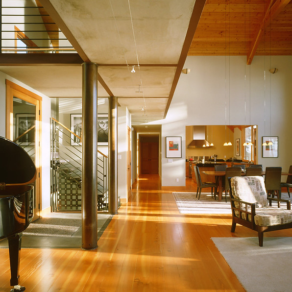 Bomgardner Residence great room with contemporary balcony / bridge and steel stairs and railings - Pelletier + Schaar