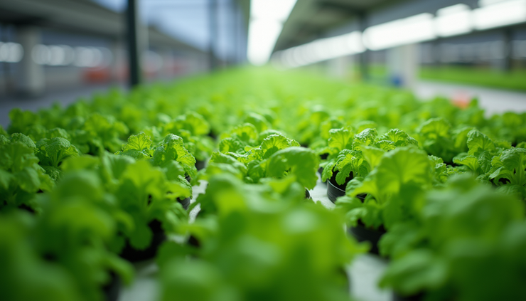 High angle view of nutrient film technique channels with growing herbs