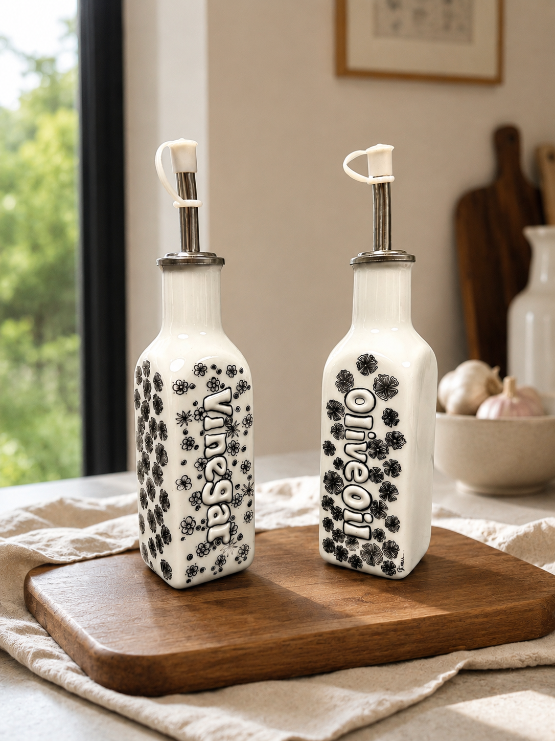 Duo huile et vinaigre en porcelaine peinte à la main avec motifs graphiques