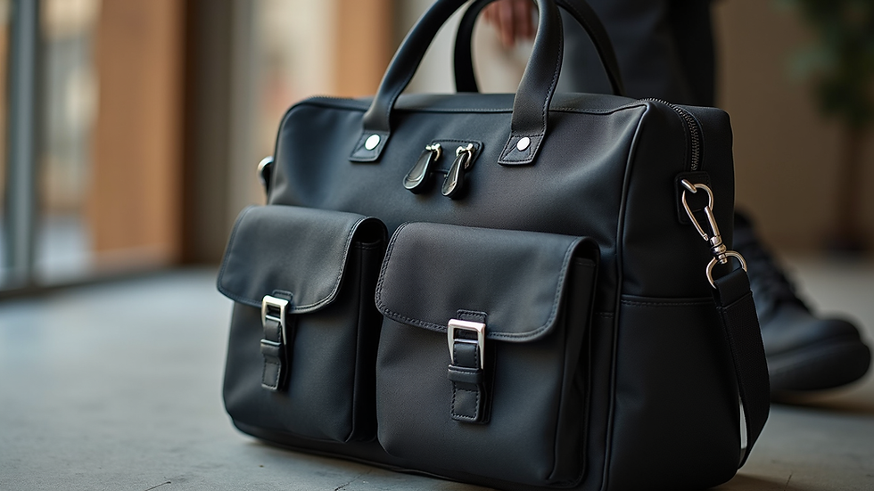 Close-up of an interview-ready bag with professional accessories