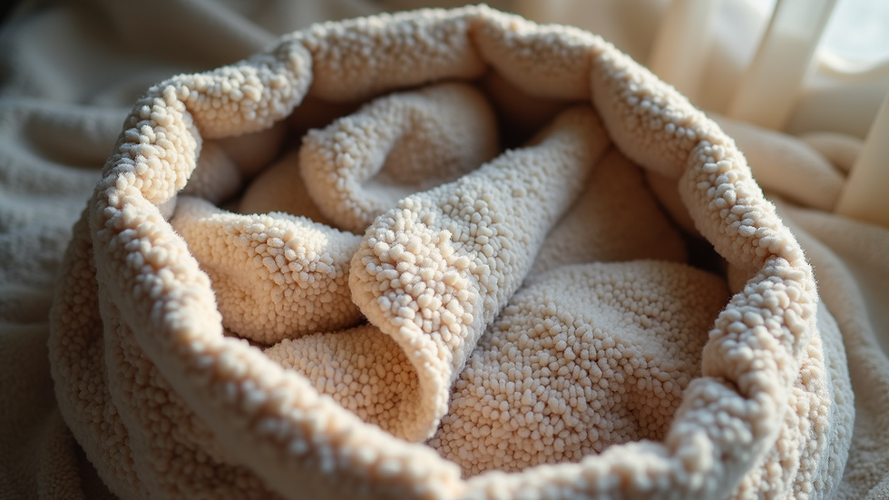 Close-up of a comfort bag filled with cozy clothing and self-care items