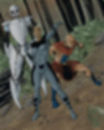 Sci-fi characters and a droid in a forest setting.