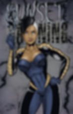 Comic art of Sunset Dawning female superhero posing with a smirk