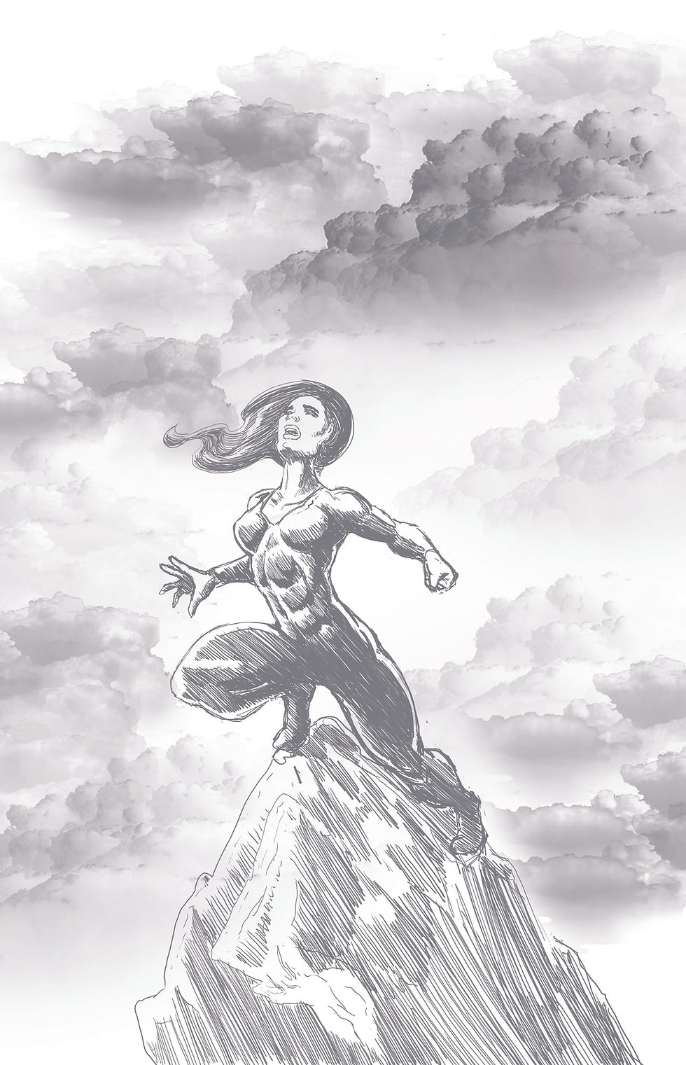 Comic art from Sunset Dawning Series of a woman on a peak 