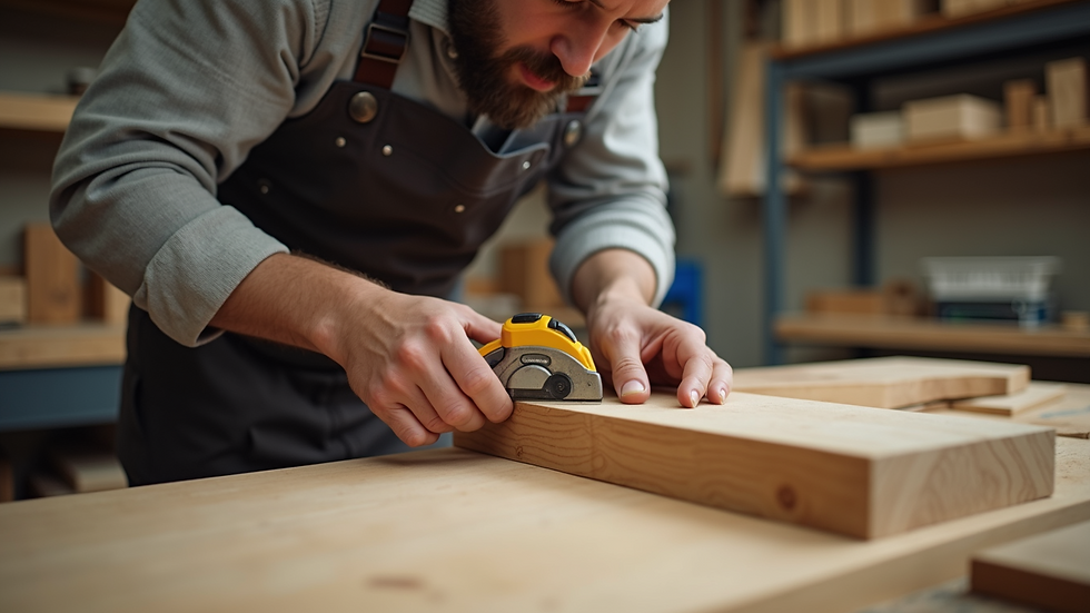 Eye-level view of carpenter measuring wood precisely in a workshop