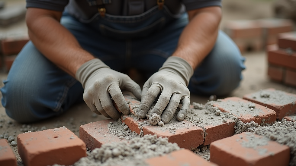 High angle view of skilled mason applying mortar between bricks