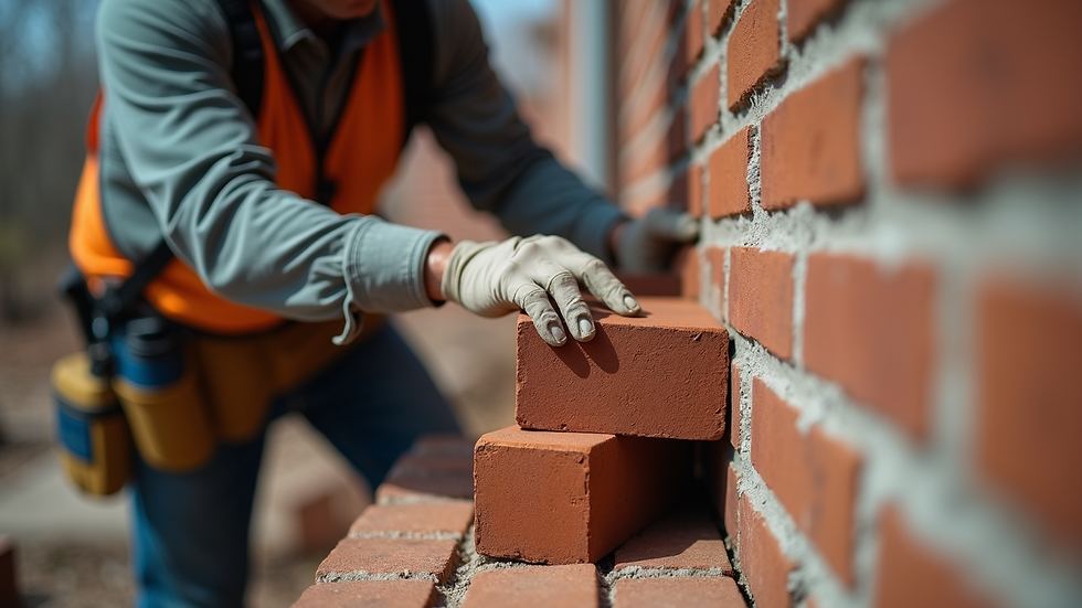 Close-up view of bricklayer carefully placing bricks on a wall