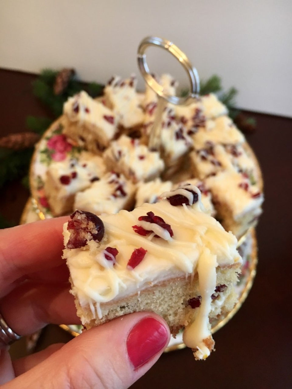 A close up of a cranberry bliss bar. Ready to take a bite?