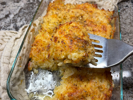 Cheesy hash brown potatoes fresh out of the oven.