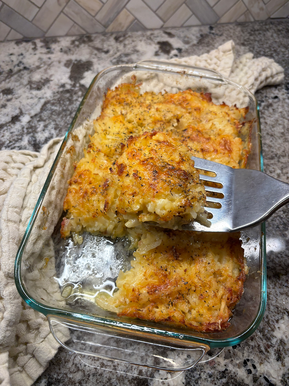 Cheesy hash brown potatoes fresh out of the oven.