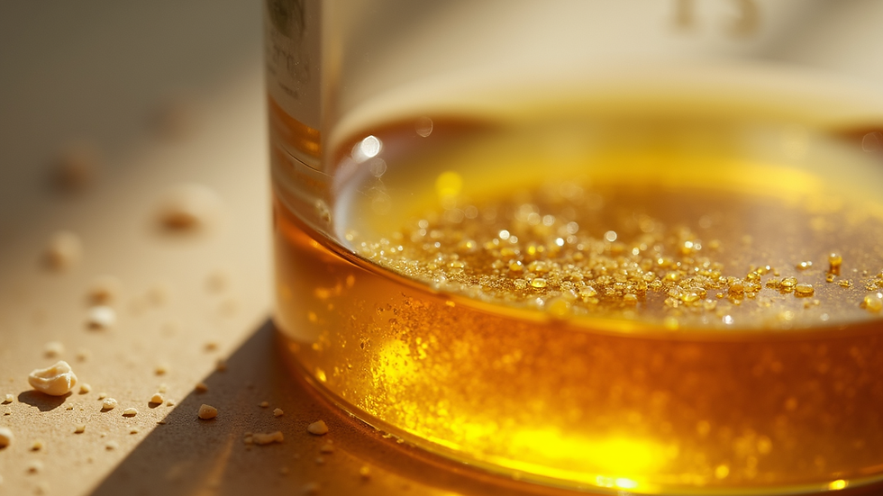 Close-up view of oil sample in a transparent container showing clarity