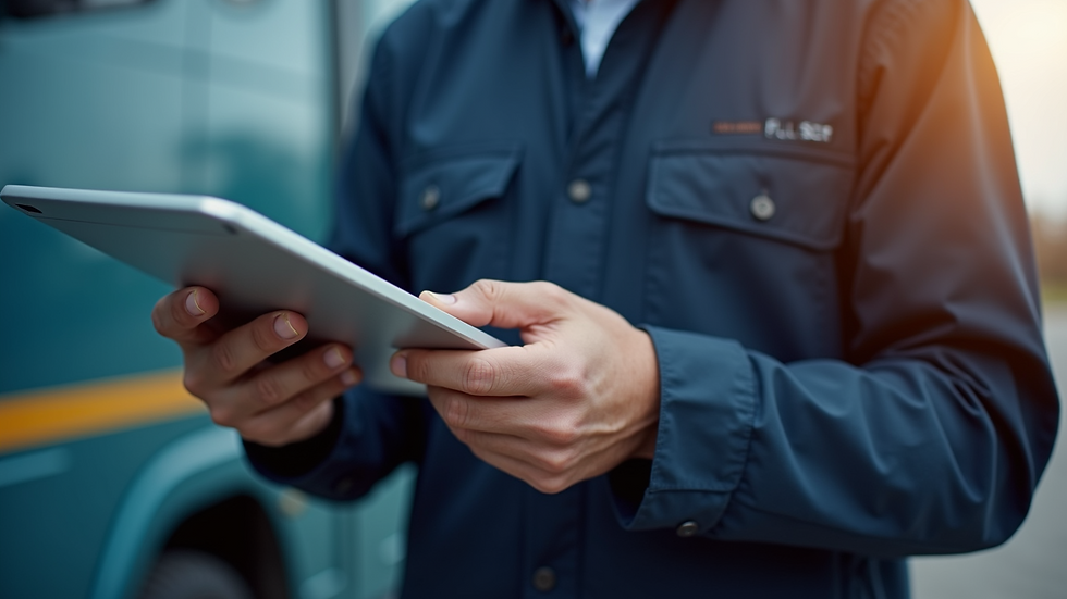 Close-up view of a fleet manager reviewing driver performance data on a tablet