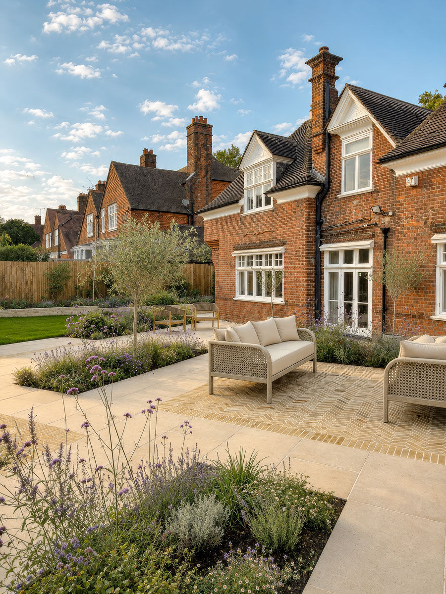 Classical contemporary garden in Chislehurst with sandstone paving, herringbone sandstone pavers, olive trees, naturalistic planting and luxury outdoor seating beside a period red brick house.