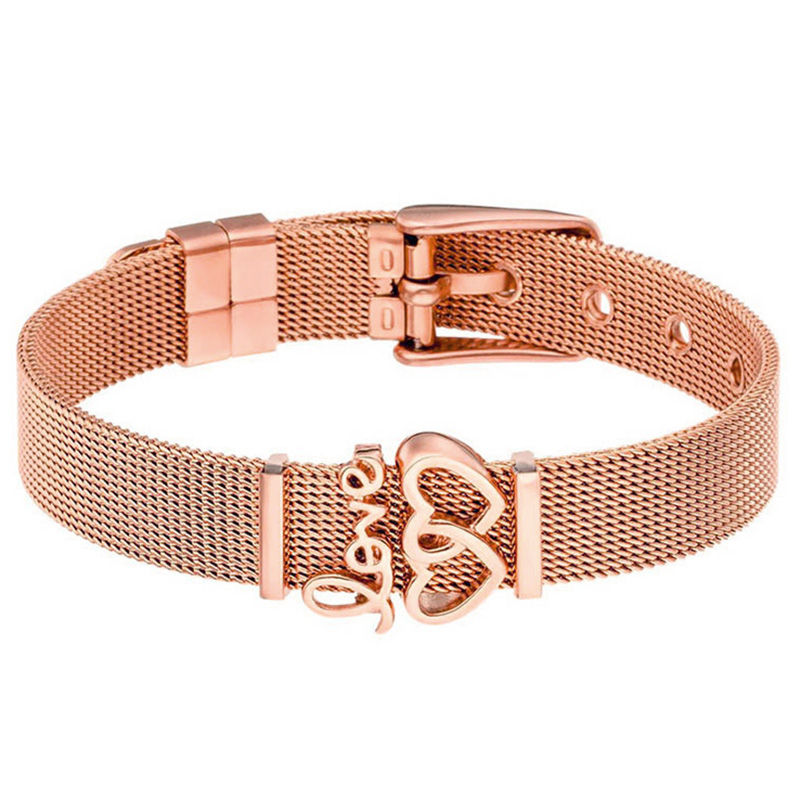 Thumbnail: Crystal Heart Mesh Bracelet Set with Adjustable Stainless Steel Design
