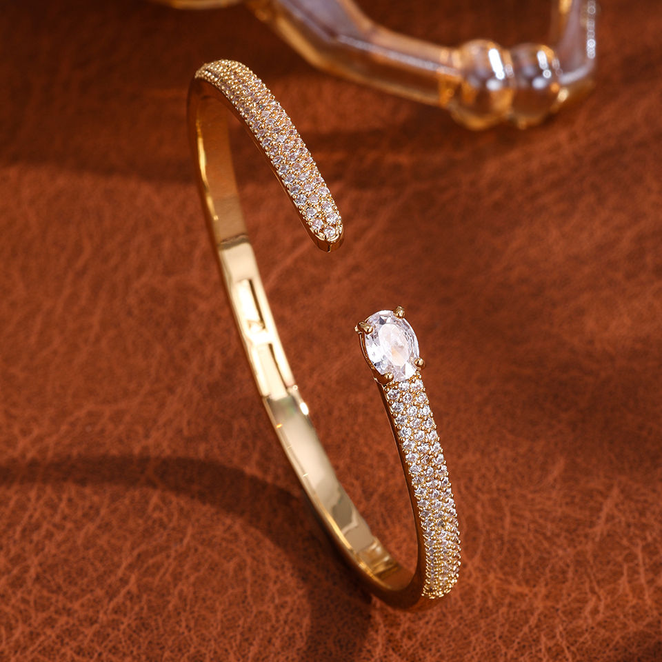 Thumbnail: Luxury Geometric Gold Cuff Bracelet with Zircon Details
