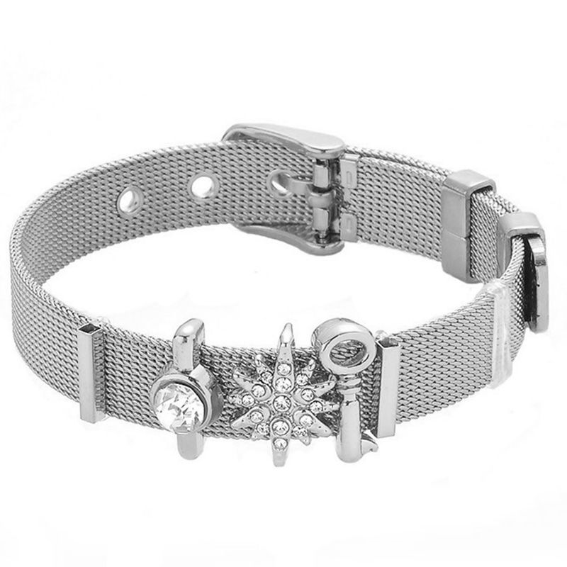 Thumbnail: Crystal Heart Mesh Bracelet Set with Adjustable Stainless Steel Design