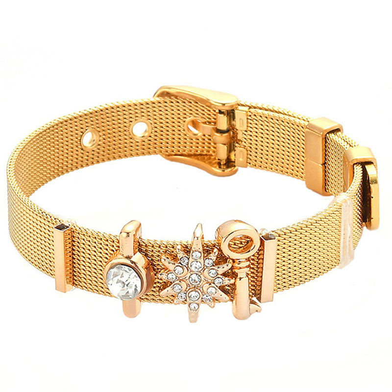 Thumbnail: Crystal Heart Mesh Bracelet Set with Adjustable Stainless Steel Design