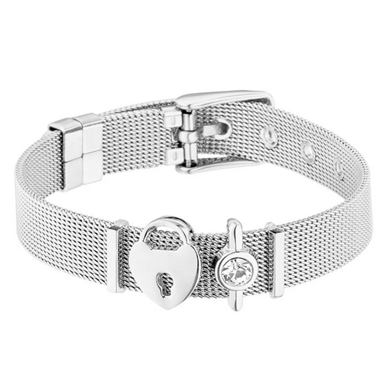 Thumbnail: Crystal Heart Mesh Bracelet Set with Adjustable Stainless Steel Design