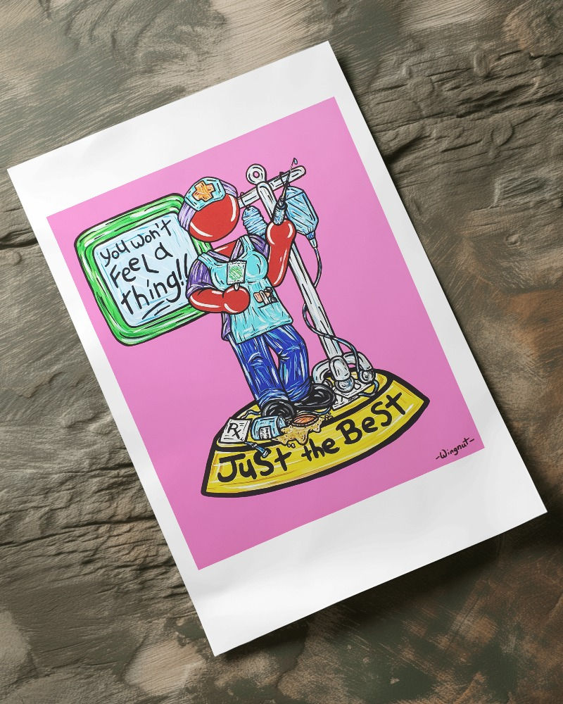 Thumbnail: Colorful Original Art Print by The Red People showing a humorous nurse holding a shot and IV drip.