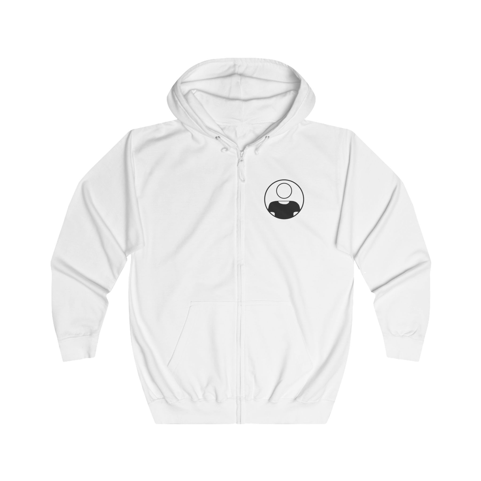 White Unisex Zip-up Hoodie with The Red People logo Front & Back, soft, comfortable, full-zip design with hood.